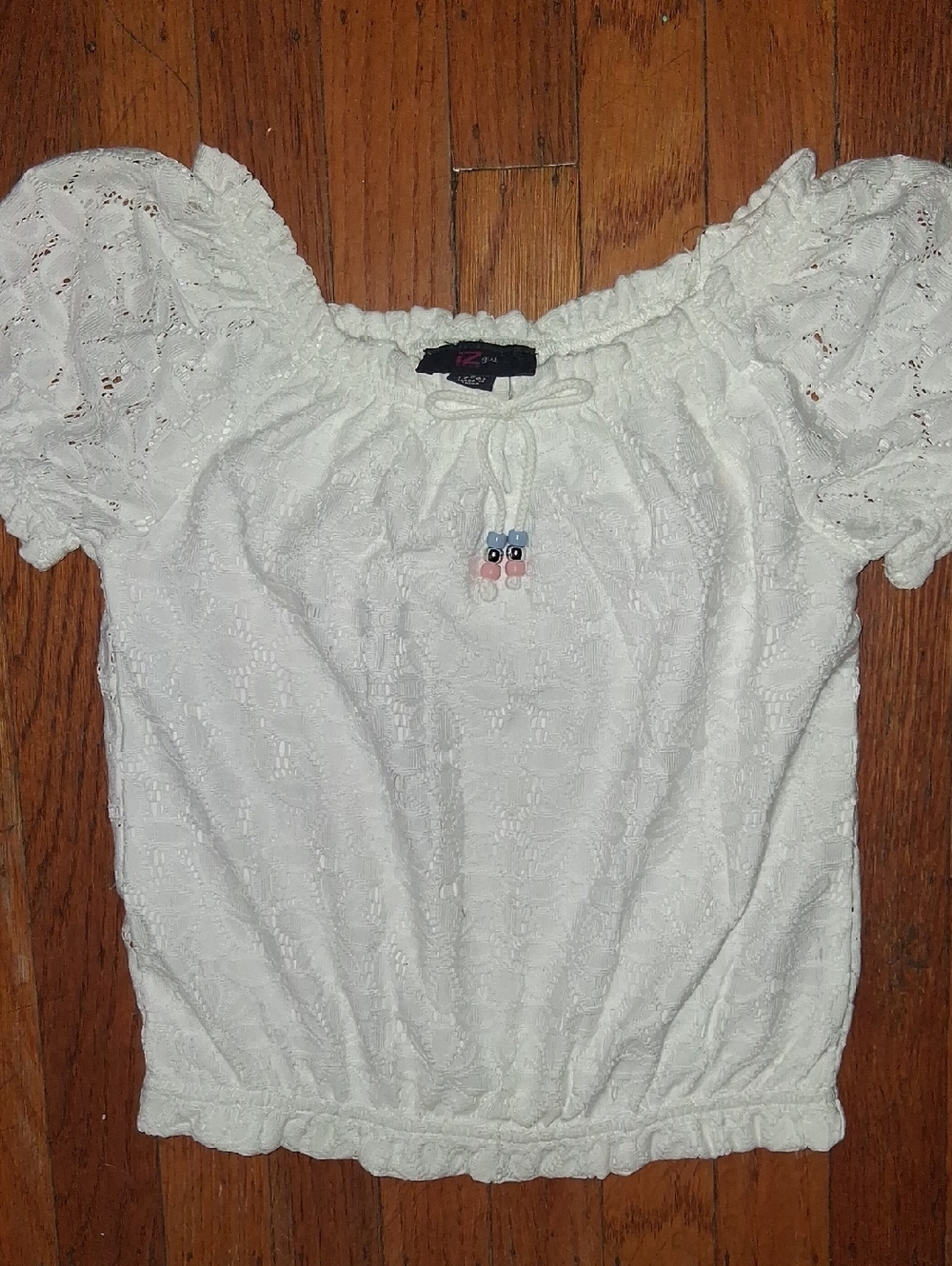 Iz Byer White Eyelet Puff Sleeve Peasant Blouse with Beaded Tie
